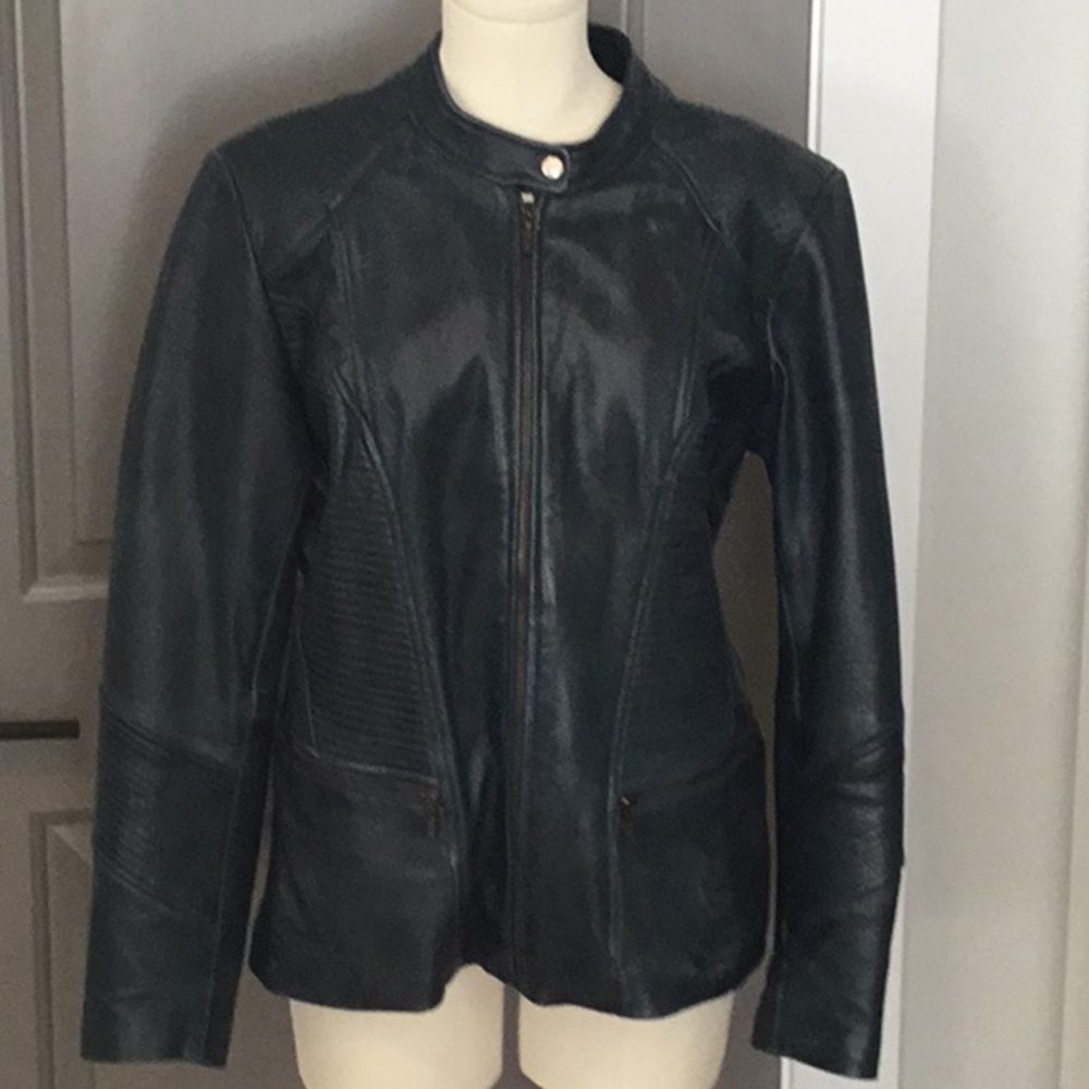 David Moore beautiful quality lux leather jacket in stunning navy blue size L